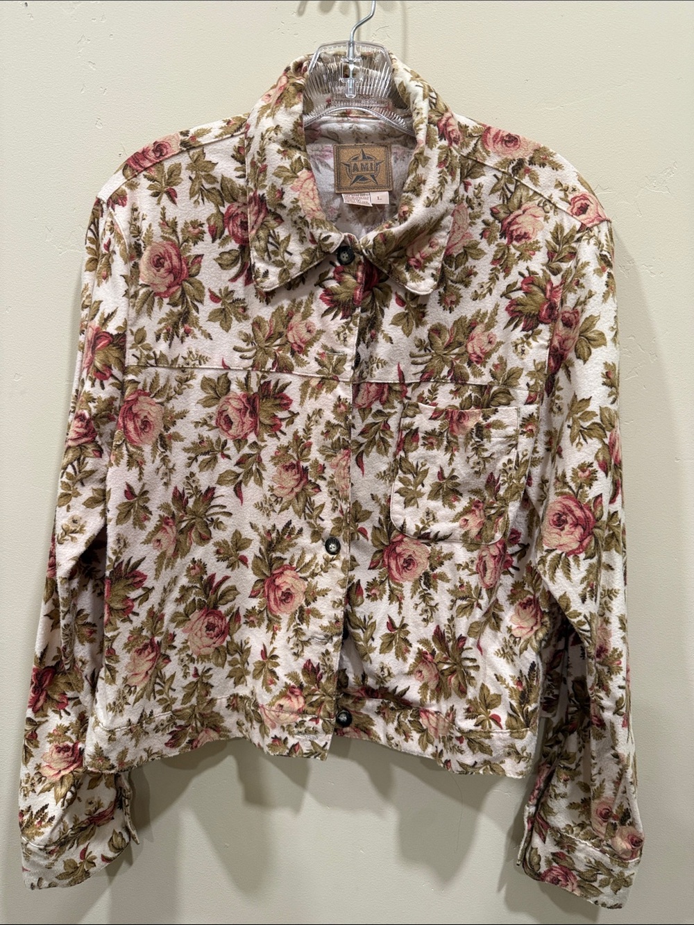 Ami Cream Floral Button-Down Jacket with Pink Roses